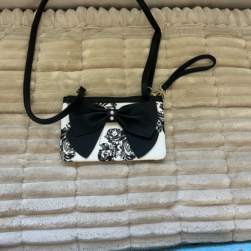 Betsey Johnson Black & White Floral Crossbody with Bow Accent